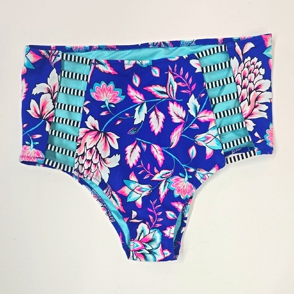 Shade & Shore Blue and Pink Floral High-Waisted Bottoms Small - Picture 1 of 3